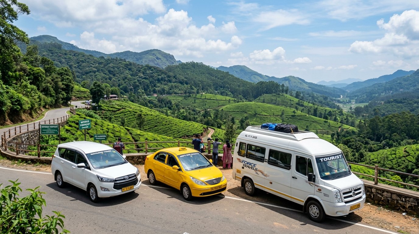 Wayanad Travel Mate taxi fleet featuring Innova Crysta, tourist sedan and Tempo Traveller on tea plantation viewpoint