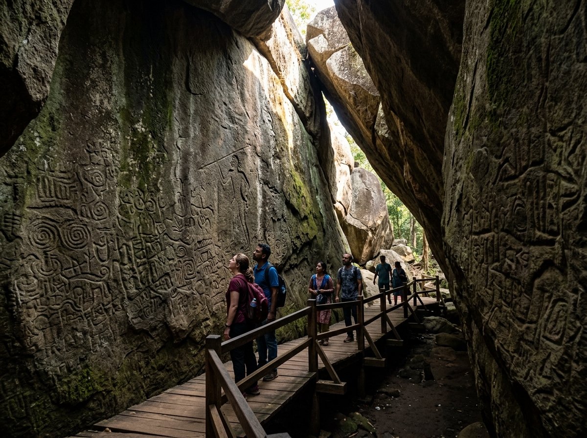 Ancient petroglyph stone cleft at Edakkal Caves Ambukuthi Hills Wayanad