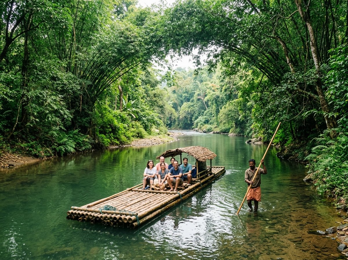 Kuruvadweep Bamboo raft on Kabini river stream Wayanad
