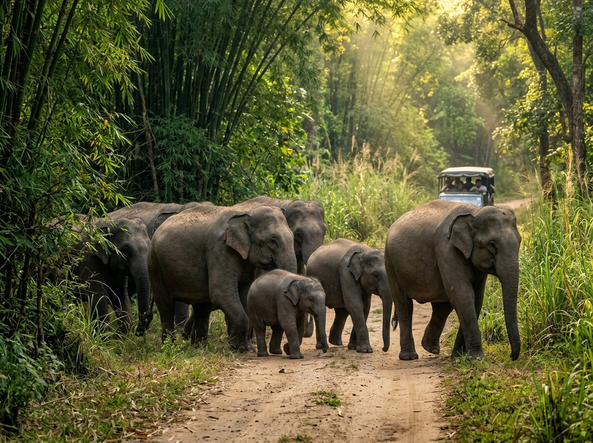 Wild Asian elephants walking on forest safari trail in Muthanga