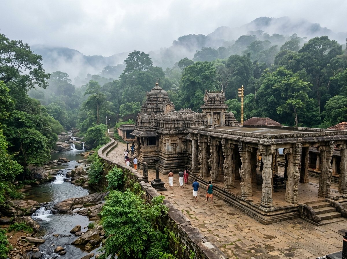 Ancient stone pillars and Brahmagiri mountain backdrop at Thirunelli Temple Wayanad