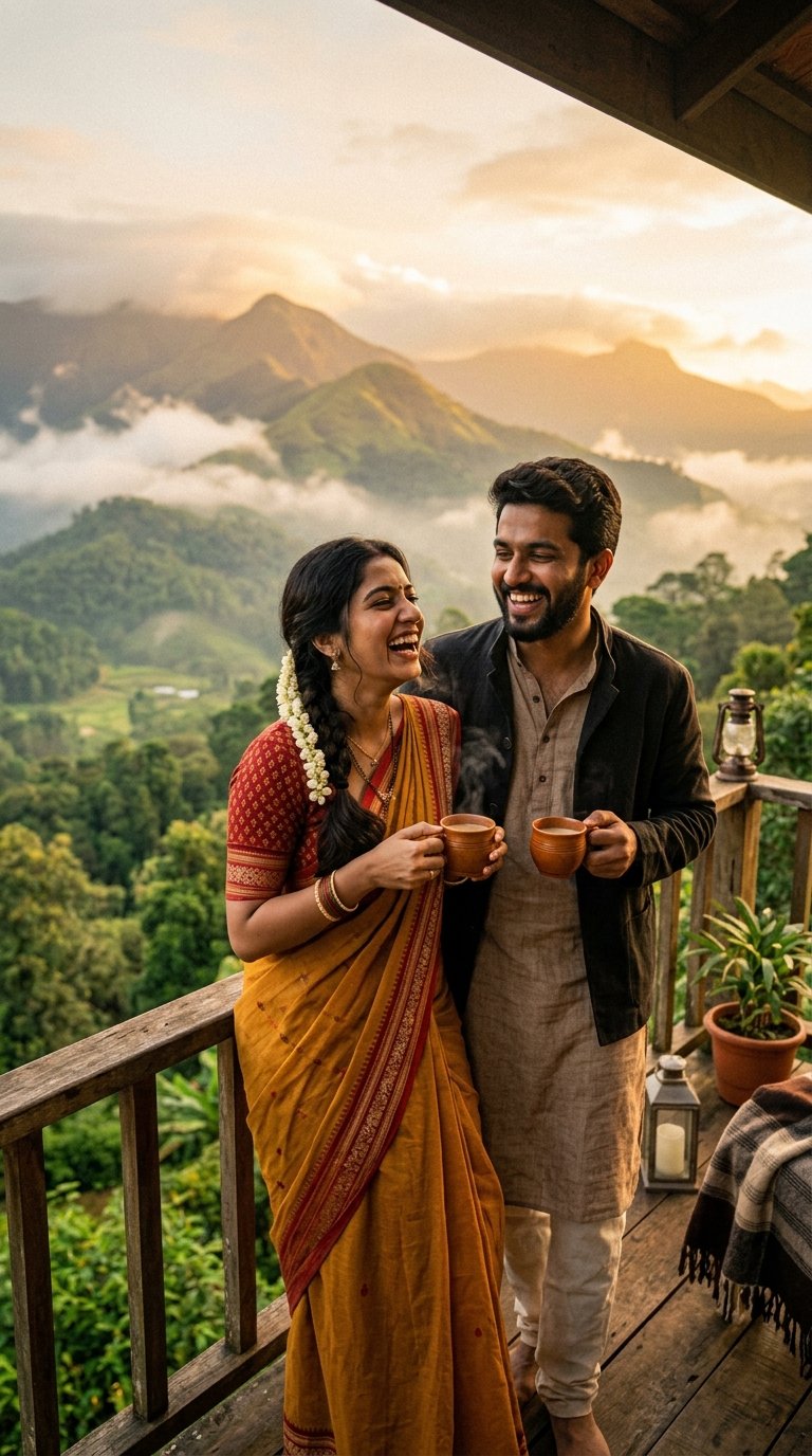 Romantic honeymoon balcony over Wayanad misty valley